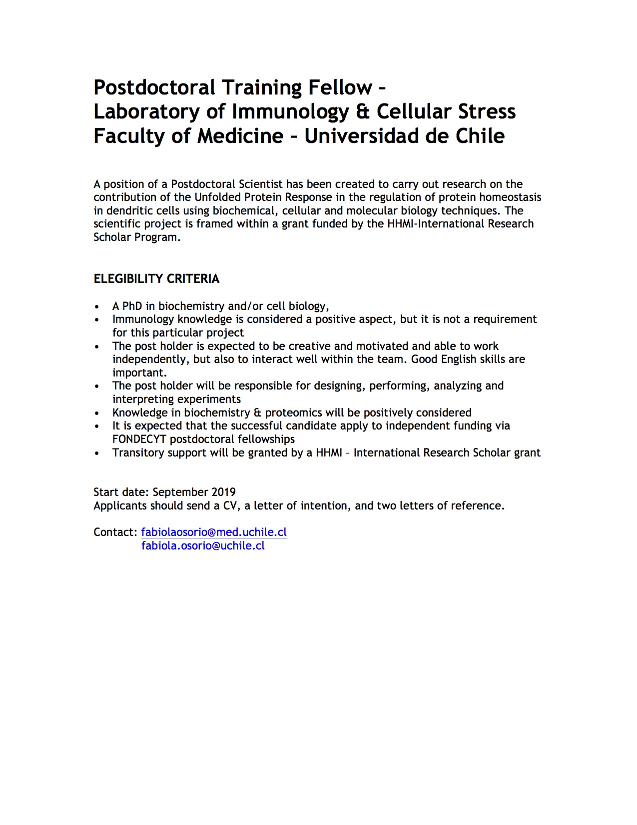 Postdoctoral Training Fellow – Laboratory of Immunology & Cellular Stress Faculty of Medicine – Universidad de Chile graphic